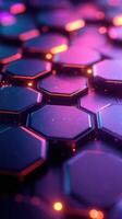 Colorful hexagonal tiles illuminated with neon lights during nighttime in an abstract digital environment photo