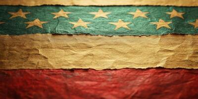 Textured Venezuelan flag background featuring green, gold, and red stripes with stars in a historical style photo