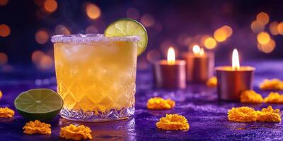 Refreshing citrus cocktail garnished with lime and surrounded by candles and flowers during an evening gathering photo