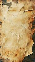 Old, weathered parchment with creases and cracks showcasing a vintage, textured appearance suitable for historical documents photo