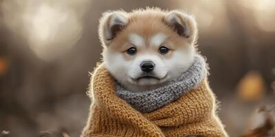 Adorable puppy wrapped in cozy knitted scarf enjoying autumn outdoors during golden hour photo