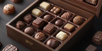 Assortment of artisanal chocolates displayed in a wooden box ready for gifting on a dark surface photo