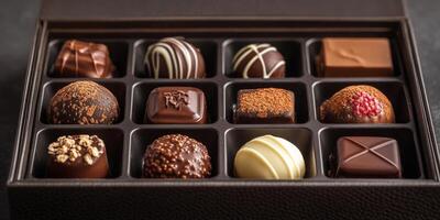 Delicious assortment of gourmet chocolates beautifully arranged in a dark box for indulgent tasting pleasure photo