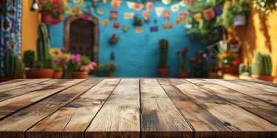 Vibrant courtyard with colorful decorations and wooden table in a sunny outdoor setting surrounded by plants photo