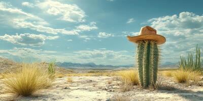 Cactus wearing a sombrero stands in a desert landscape under a wide sky during the day photo