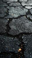 Cracked asphalt surface with droplets reflecting light in a rain-soaked urban road near a busy intersection photo