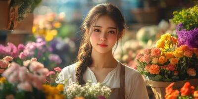 Young woman surrounded by colorful flowers in a vibrant market during morning light photo