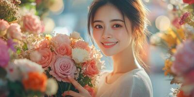Young woman smiling amid colorful flowers in a vibrant floral shop during the afternoon photo