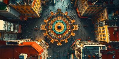 Vibrant city square bustling with activity during the day from a bird's eye perspective photo