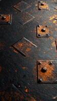 Rusty metal surface with geometric patterns and aged textures in natural light photo