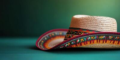 Colorful traditional straw hat rests on a green surface showcasing intricate designs and vibrant patterns photo