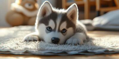 Cute husky puppy resting on a soft rug indoors with playful background elements photo