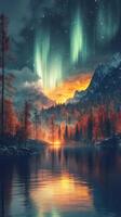 Northern lights illuminate a tranquil lake surrounded by autumn foliage and majestic mountains at dusk photo