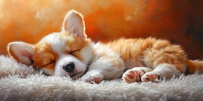 Cute corgi puppy sleeping cozily on soft fur blanket in warm, inviting indoor setting photo