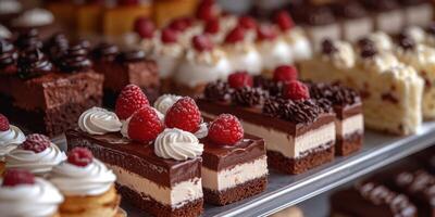 Delicious assortment of chocolate and raspberry desserts displayed at a bakery photo