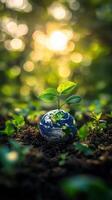 Sprouting plant emerges from miniature Earth in a vibrant forest setting during golden hour photo