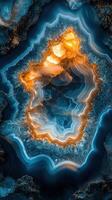 Captivating geode with vibrant blue and orange hues showcasing intricate crystal formations in a unique mineral landscape photo
