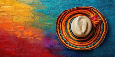 Colorful sombrero against vibrant wall backdrop showcasing traditional craftsmanship and cultural elements photo