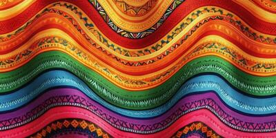 Vibrant textile featuring colorful wavy patterns in rich hues from warm gold to cool green photo