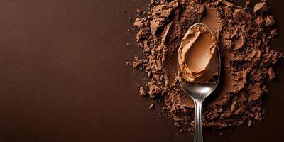 Rich chocolate spread sits on a spoon set against a background of cocoa powder and chocolate shavings photo