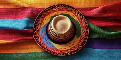 Colorful handmade sombrero resting on vibrant woven textiles reflecting cultural heritage and craftsmanship photo