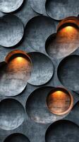 Unique architectural wall design featuring rounded patterns and ambient lighting in an indoor space photo
