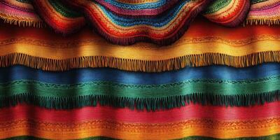 Colorful woven textile with patterns and fringes displayed prominently in a vibrant arrangement photo