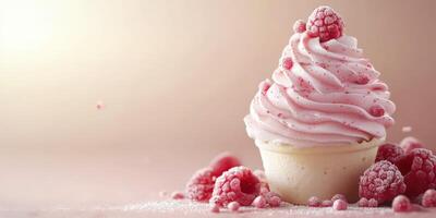Delicious raspberry swirl ice cream served in a cone with fresh raspberries scattered around photo