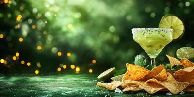 Refreshing margarita cocktail served with crispy tortilla chips in a vibrant green outdoor setting photo