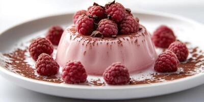 Delicious pink panna cotta topped with fresh raspberries and cocoa powder on a white plate photo