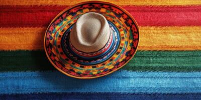 Colorful traditional hat placed on vibrant woven fabric in bright colors at a cultural event photo