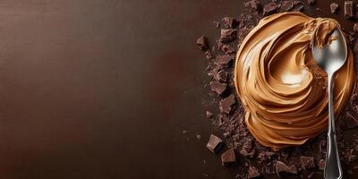 Creamy peanut butter spread artfully swirled with chocolate pieces on a dark surface photo