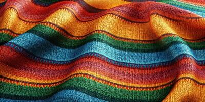 Colorful woven blanket with intricate patterns displayed in natural light photo