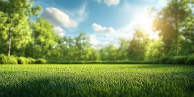 Bright green lawn under a sunny sky with scattered clouds and lush trees in a tranquil outdoor setting photo