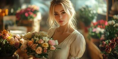Beautiful woman holding a bouquet in a vibrant flower shop filled with colorful blooms during daylight hours photo