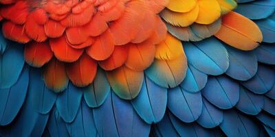 Vibrant feathers of a tropical bird displaying a mix of colorful patterns and textures in an exotic setting photo