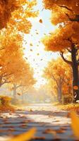 Bright autumn pathway lined with orange trees and falling leaves in a tranquil park setting photo
