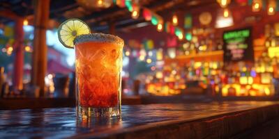 Refreshing cocktail on bar counter in vibrant nighttime setting filled with decorative lights and lively ambiance photo