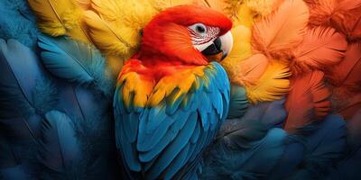Vibrant macaw perched against a backdrop of colorful feathers showcasing stunning patterns and rich hues photo