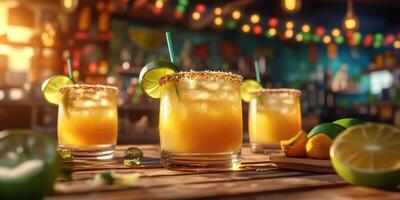 Refreshing citrus cocktails served at a vibrant bar during sunset with colorful lights in the background photo