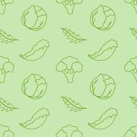Healthy vibe green vegetables vegetarian nutrition, seamless pattern with cabbage, arugula, broccoli and salad outline, on pastel green background. vector