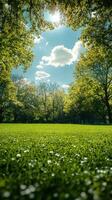 Bright sunny day in a lush green park with vibrant trees and fluffy clouds overhead photo