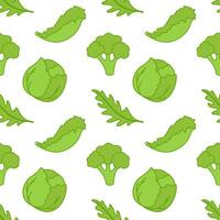 Healthy vibe, green healthy vegetables for vegetarian nutrition, seamless pattern with cabbage arugula broccoli salad. vector
