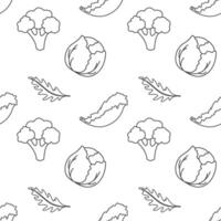 Seamless pattern with cabbage, arugula, broccoli and salad outline contour drawing on white background. vector