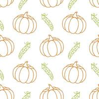 Vegan vibe pattern with healthy vegetables pumpkin and green peas, outlines of healthy vegetables on white background. vector