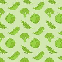 Green vegan vibe, green healthy vegetables, vegetarian nutrition, seamless pattern with cabbage arugula broccoli salad. vector