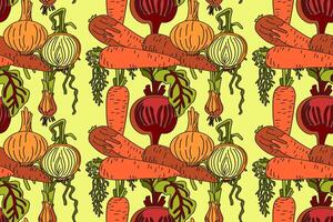 Botanical abstract seamless pattern with cartoon colorful carrots, onions, beets illustration. Repeating vegetables pattern in yellow color background. Graphic design for Fashion Cover Textile vector