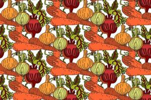 Botanical abstract seamless pattern with cartoon colorful carrots, onions, beets illustration. Repeating vegetables pattern in white color background. Graphic design for Fashion Cover Textile vector