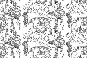 Line art seamless pattern with carrots, onions, beets illustration. Hand drawn outline repeating vegetables pattern background. Graphic design for Cover Coloring Book Textile Fashion Greeting Card vector