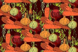 Botanical abstract seamless pattern with cartoon colorful carrots, onions, beets illustration. Repeating vegetables pattern in burgundy color background. Graphic design for Fashion Cover Print vector